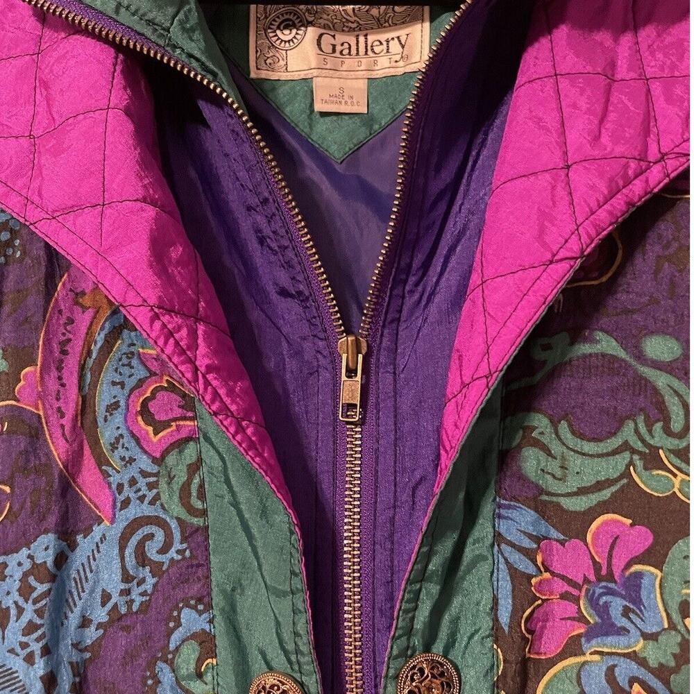 Gallery Sport Vtg Ski Jacket S Wind Breaker Peacock Quilted Paisley Purple Green - Picture 2 of 9